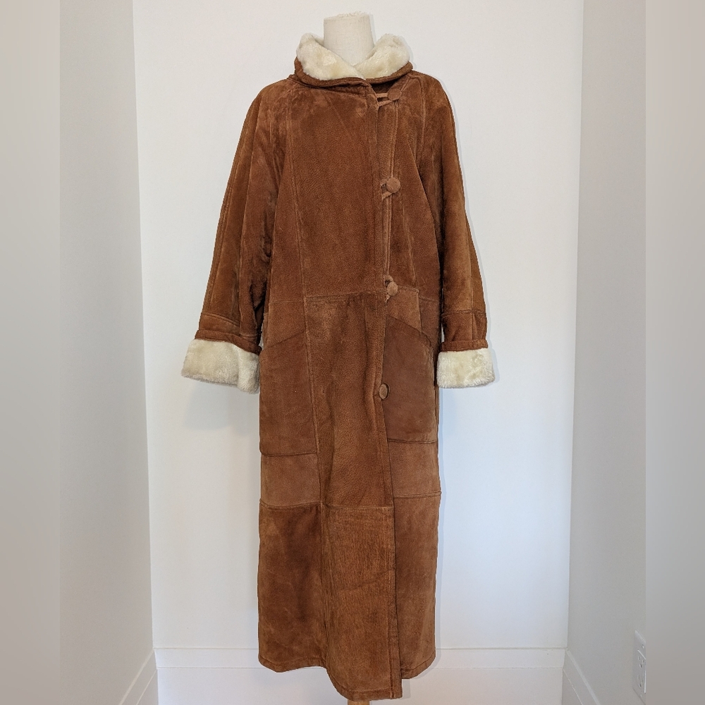 Brown Suede Faux Shearling Long Coat